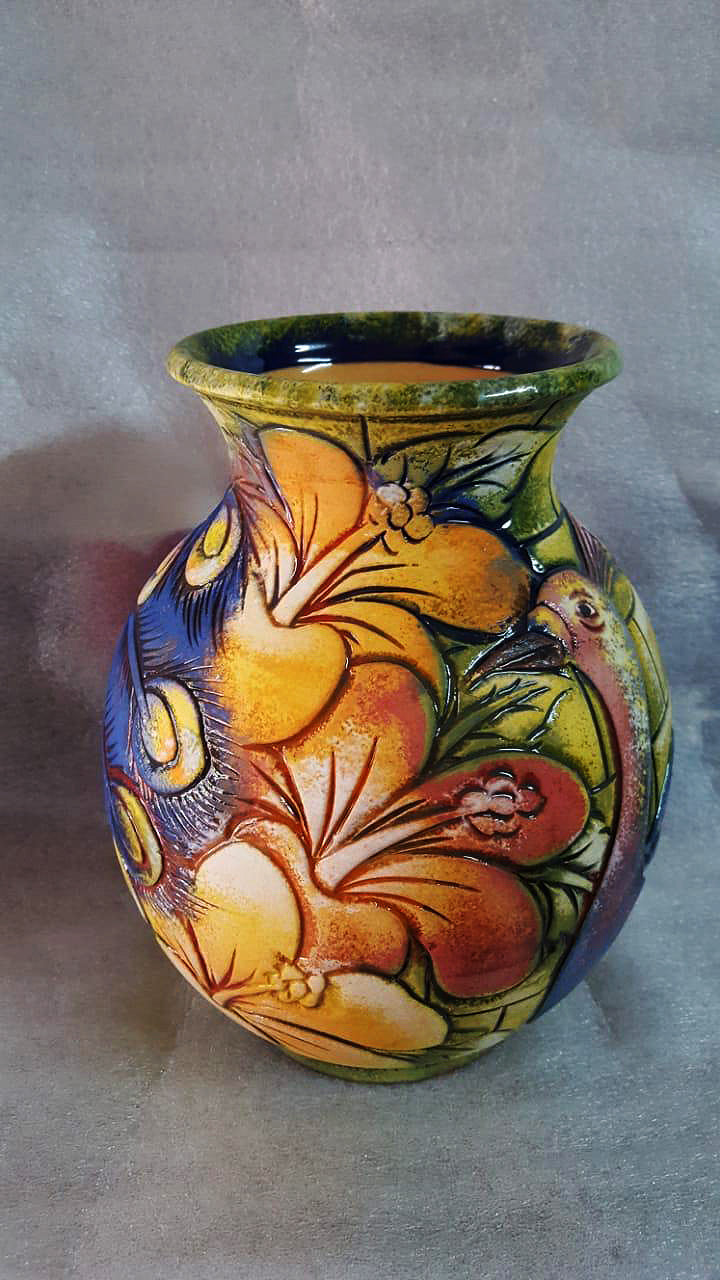 Peacock & hibiscus vase