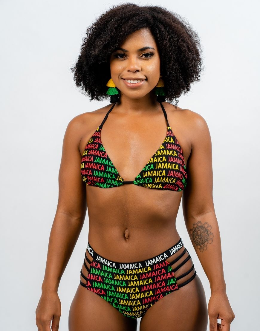 JAMAICA ALL-OVER PANEL SIDE STRINGS BIKINI SWIMSUIT SET- RASTA